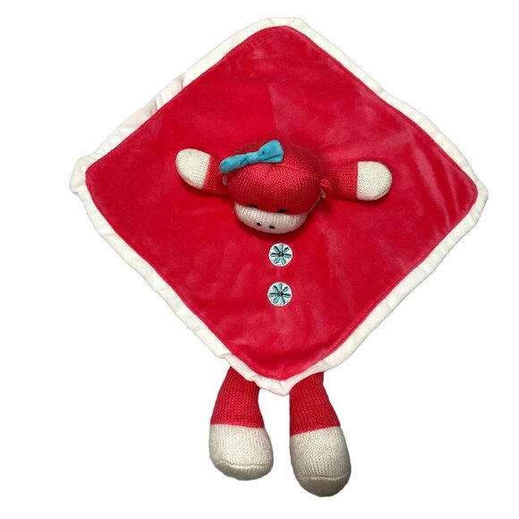 SOCK MONKEY LOVEY SECURITY BLANKET PINK RATTLE PLUSH STUFFED ANIMAL BABY STARTER - Picture 2 of 4